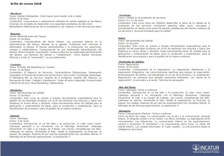 grilla de cursos INCATUR 2018